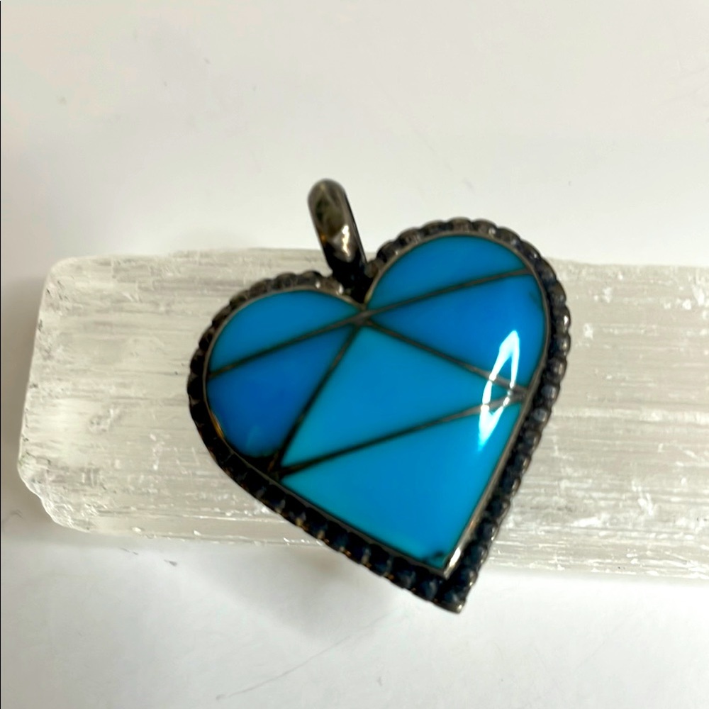 Vintage Native American Silver and InLay Turquoise Heart Pendent Stamped DY